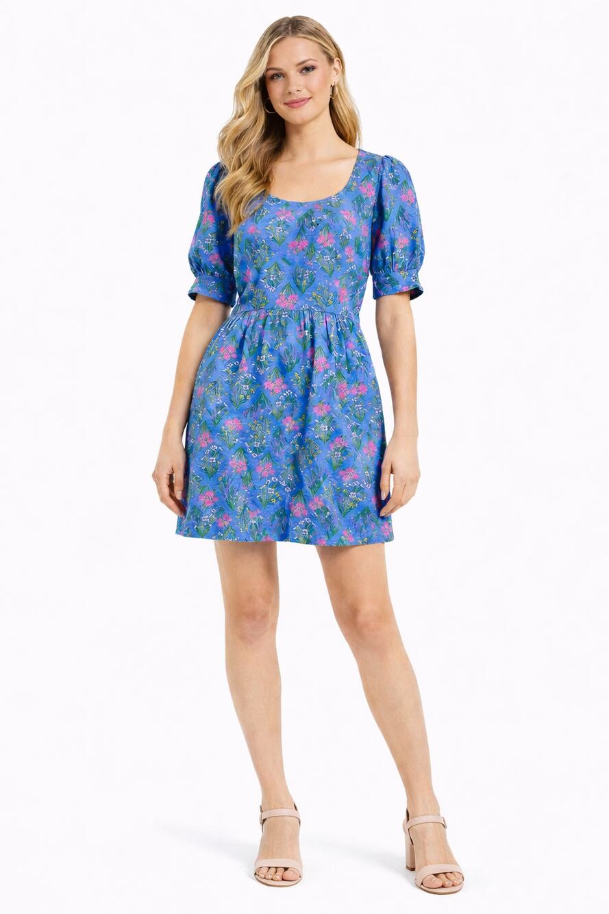 Loft Floral Short Puff Sleeve Linen Blend Mini Dress Blue Womens Size 6 New